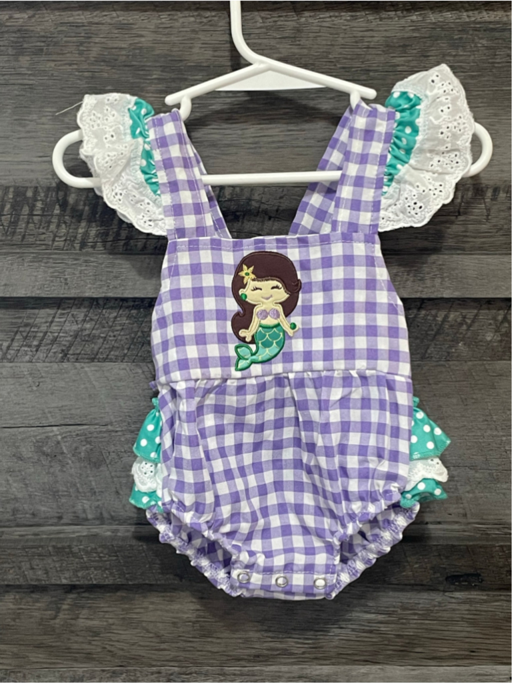 Boutique Baby Girl Mermaid Purple Gingham Bubble Romper Eyelet Ruffle 3 Months